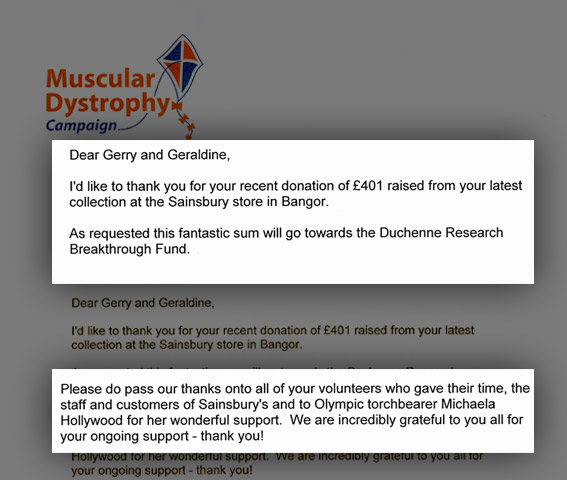 Muscular Dystrophy Thanks Michaela and Sainsbury’s Bangor